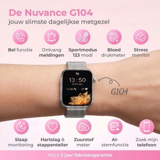 Nuvance Smartwatch für Damen – Smartwatch für Herren – Schrittzähler-Uhr für Damen – Herzfrequenzmesser – Sportuhr – Kompatibel mit iOS/Android – AMOLED – Inkl. 5 Armbänder – Silber