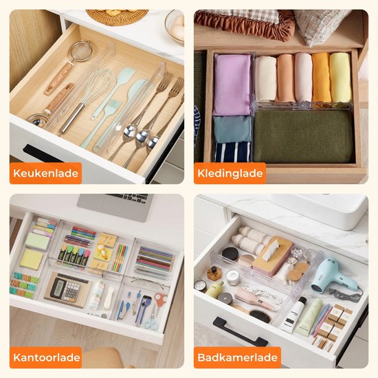 Posity Schubladenteiler - Verstellbar & ausziehbar - 12 Stück - Schubladenorganisation - Für Küche, Schlafzimmer & Kleidung - Kunststoff - Transparent