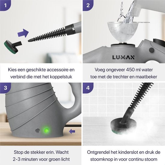 LUMAN 16-in-1 Dampfreiniger C1 - Handdampfreiniger - Handdampfer - Küche, Bad & Sofa reinigen - Fleckenreiniger - 1050 Watt - 450 ML - Grau