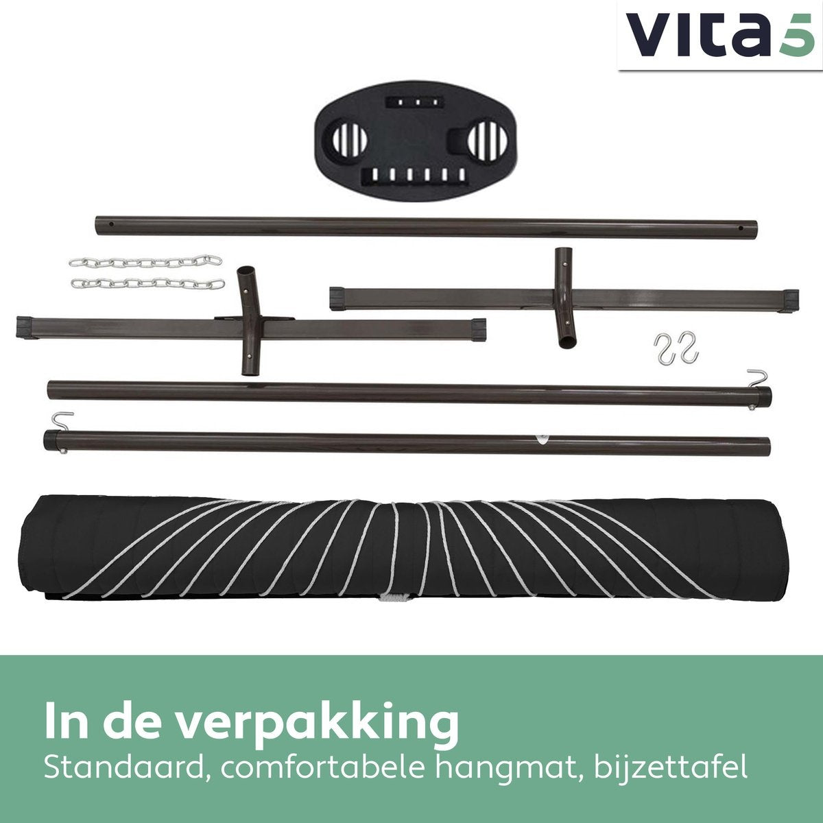 Vita5 Hängematte mit Ständer und Spreizstange - 2 Personen - Abnehmbares Kissen - UV-beständig - Schwarz