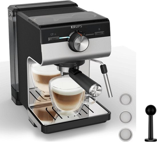 Krups Authentic XP384E10 Kolbenmaschine – Espressomaschine – 15 bar – Thermoblock-System – Edelstahl – inklusive Dampfdüse – geeignet für gemahlenen Kaffee und ESE-Pads