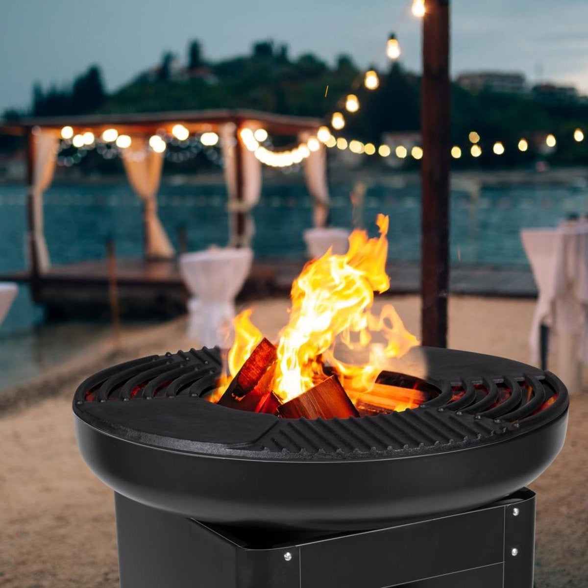 BBQ Collection - 3-in-1 Teppanyaki Grillplatte, BBQ, Feuerstelle - 61 x 90 cm - mit Brennholzaufbewahrung - Edelstahl Schwarz