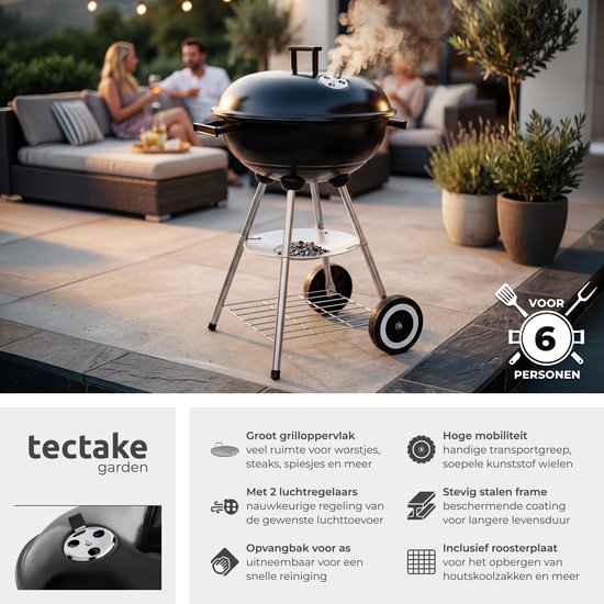 tectake® Holzkohlegrill – Kugelgrill – Grillplatte Ø 41,5 cm – Grill mit 2 Rädern – Smoker mit Deckel – rund – schwarz – Metall