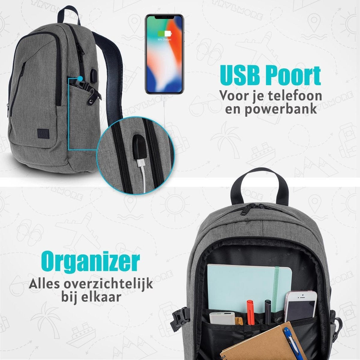 TRVLMORE Rucksack - 25L - 15.6 Zoll - Laptop-Rucksack - Schultasche - Unisex - Spritzwassergeschützt Grau