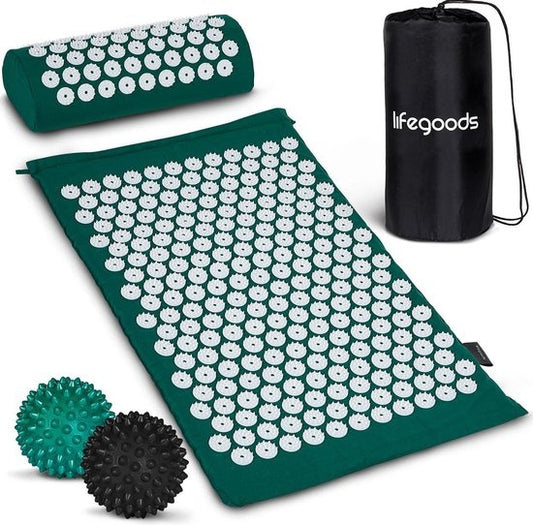 LifeGoods Akupressurmatte mit Kissen - Shakti Matte - Nagelmatte inkl. 2x Triggerpunkt Ball - 66x40x2cm - Grün/Weiß