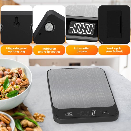 Strex Digitale Küchenwaage - Küchenwaage - 1 g bis 10 kg - Tara-Funktion - Inklusive Batterien - Edelstahl/Schwarz