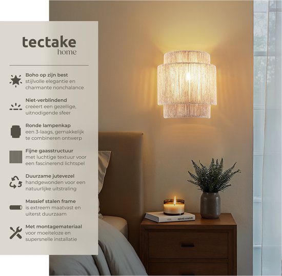 tectake® Wandleuchte Lignea Lux - 40W - 12 x 23 x 25,5 cm - E14 - Wandleuchte für Wohnzimmer, Schlafzimmer, Esszimmer - Boho Style Burlap Lamp - Treppenhausbeleuchtung - halbrund