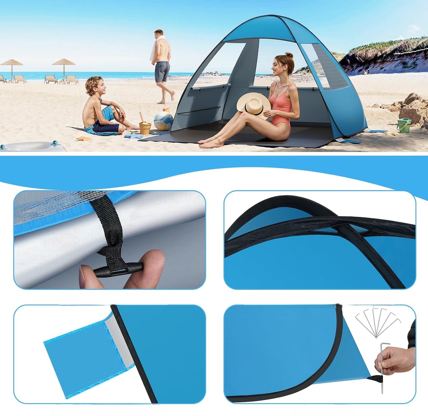 Woltu Pop-Up-Strandzelt – Blau – 200 x 150 x 120 cm