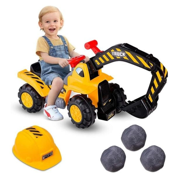 Sitzbagger mit integriertem Stauraum Bagger für Kinder mit Hupe Inkl. Stein und Helm Sandbagger 89 x 44,5 x 30,5cm