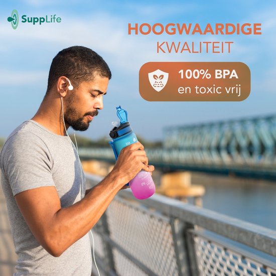 Supplife Motivations-Trinkflasche – 1-Liter-Trinkflasche – Trinkflasche mit Zeitmarkierung – Mit Strohhalm – Erwachsene – Kinder – Blau-Rosa