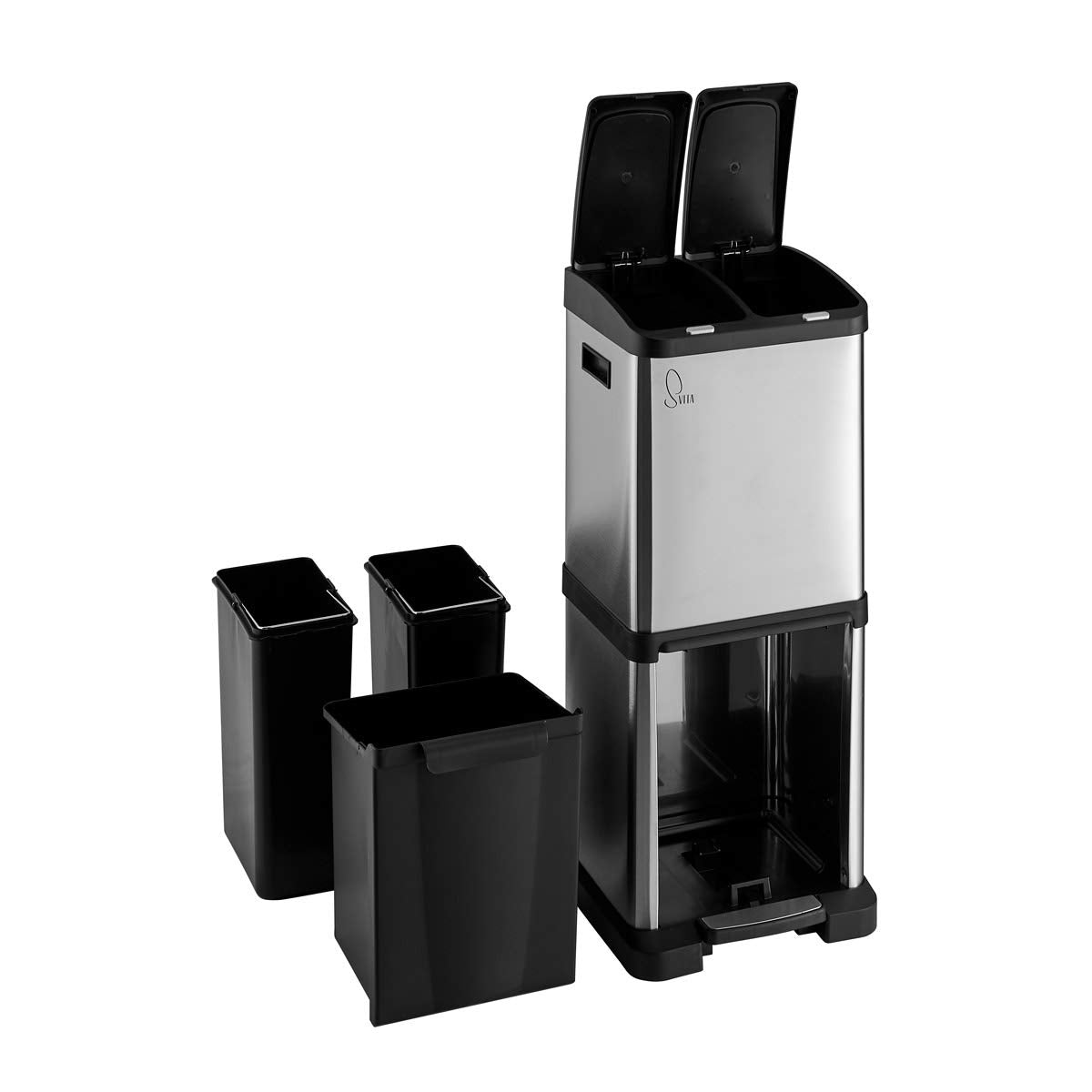 SVITA Edelstahl-Treteimer mit Mülltrennung - 32 Liter (2x8L + 16L) - Silber - 77x33x33 cm