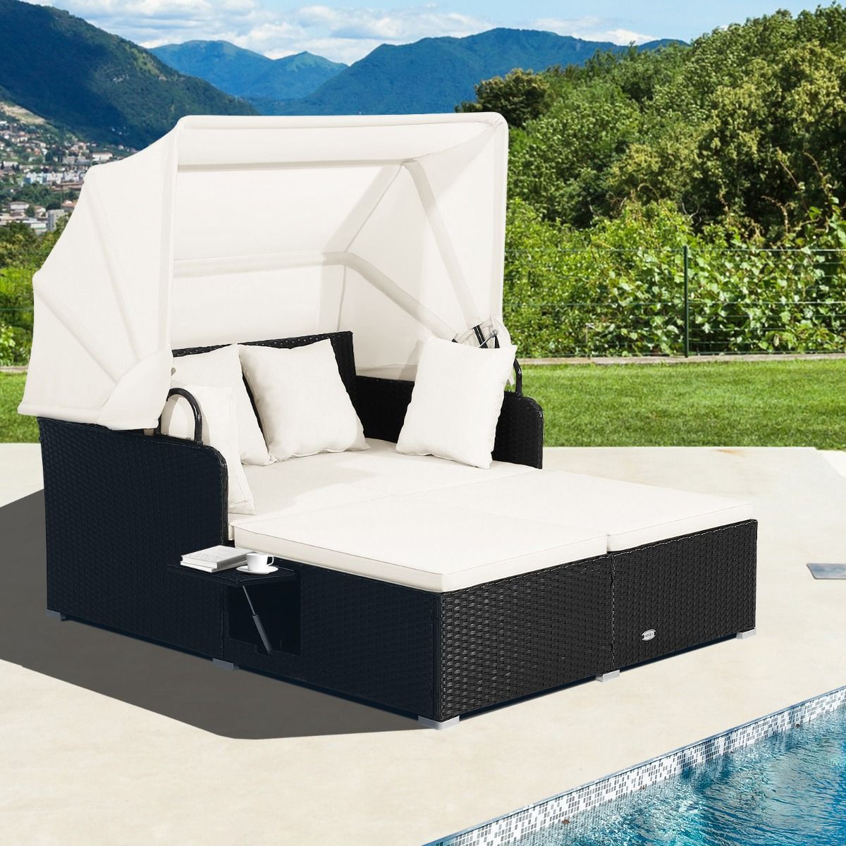 Coast Rotan-Liegestuhl für 2 Personen – Mit Dach und ausklappbaren Seitentischen – Schwarz 165 x 153 x 138 cm