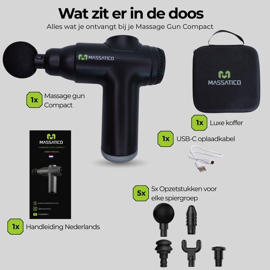 Massatico Massage Gun Compact – Professionelles und leistungsstarkes Massagegerät – Massagegerät, Massagegun, Massagepistole – Schwarz – 5 Aufsätze – 32 Stufen – Mit Koffer