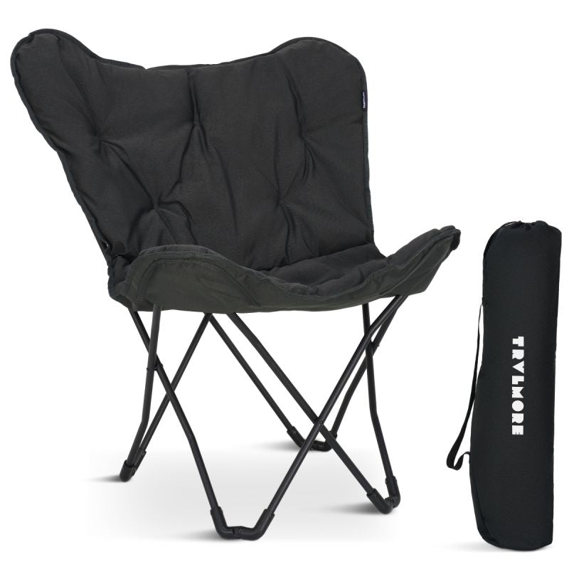 Trvlmore - Butterfly Chair Campingstuhl - 82 x 70 x 92 cm - Eigenschaften 136 kg Tragfähigkeit und zusammenklappbares Design und enthält Tragetasche - Für Camping und Garten - Schwarzes Polyester und Stahl
