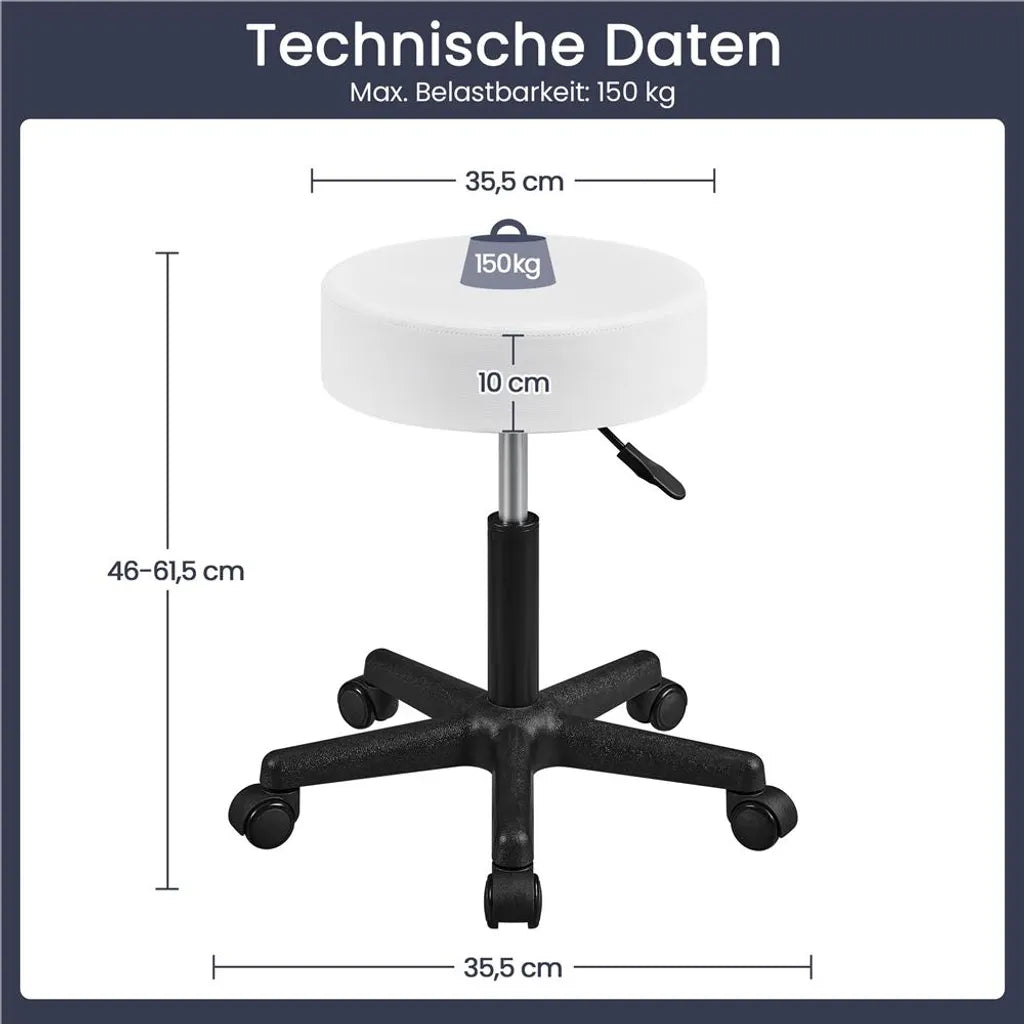 Yaheetech Rollhocker 50 × 50 × 46-61,5 cm - Weiß - Verstellbarer Drehhocker mit Rädern und 150 kg Belastbarkeit
