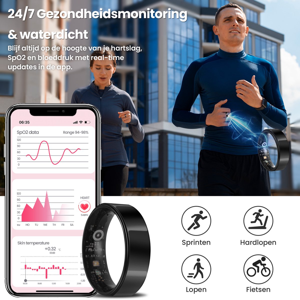 Saaf Smart Ring - Schwarz - Größe 8 - Schlanker Activity Tracker für Frauen und Männer