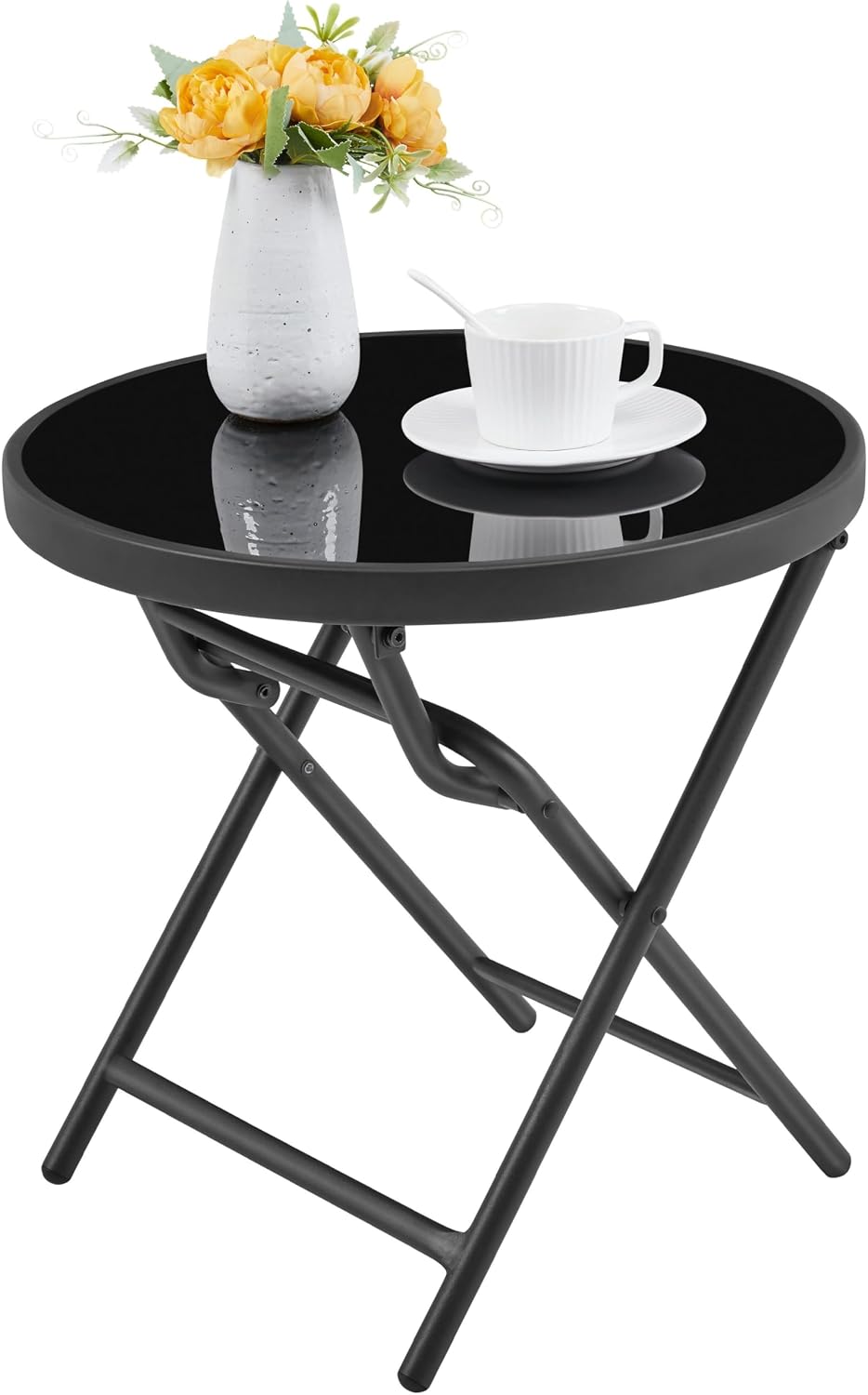 Yaheetech Runder Klapptisch Ø 46 cm – schwarzes Glas und Metall, wetterfest
