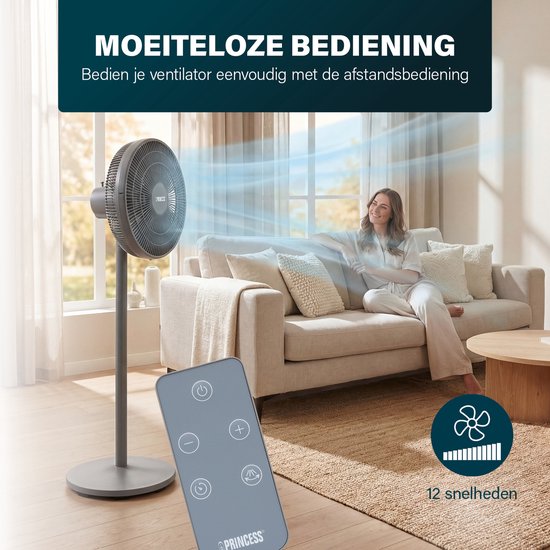 Princess DC Standventilator – besonders leise – ⌀44 cm – 12 Geschwindigkeitsstufen – Schwenkfunktion – Timer 1–8 Stunden – mit Fernbedienung – 30 W – grau – 354822