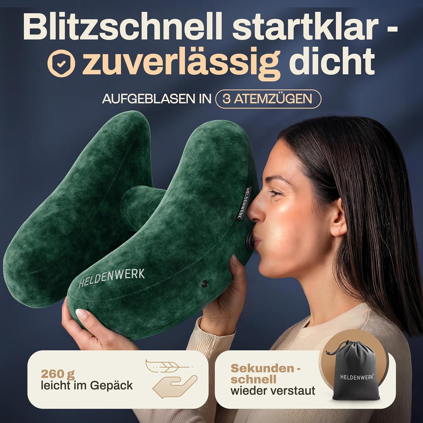 Heldenwerk® Premium Air Nackenkissen – ErgoRing – Aufblasbar – Mit Kapuze und Ohrstöpseln