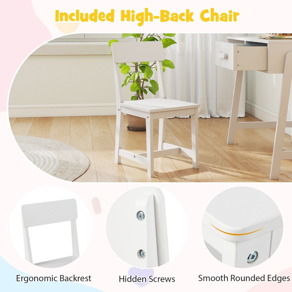 Coast Kinderschreibtisch mit Stuhl – mit Schublade und Ablage – ergonomisches Design – weiß