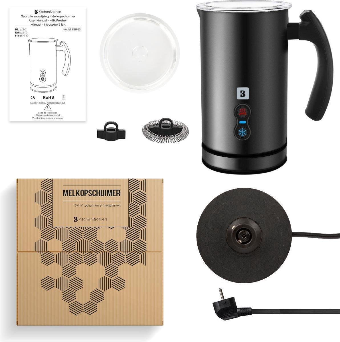 KitchenBrothers Elektrischer Milchaufschäumer - 240 ML - Schwarz
