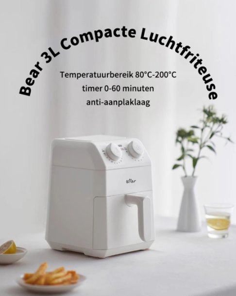 Bear QZG-K12T1 Kompakte Heißluftfritteuse 3 l – Weiß – 20,5 x 26,5 x 28,5 cm