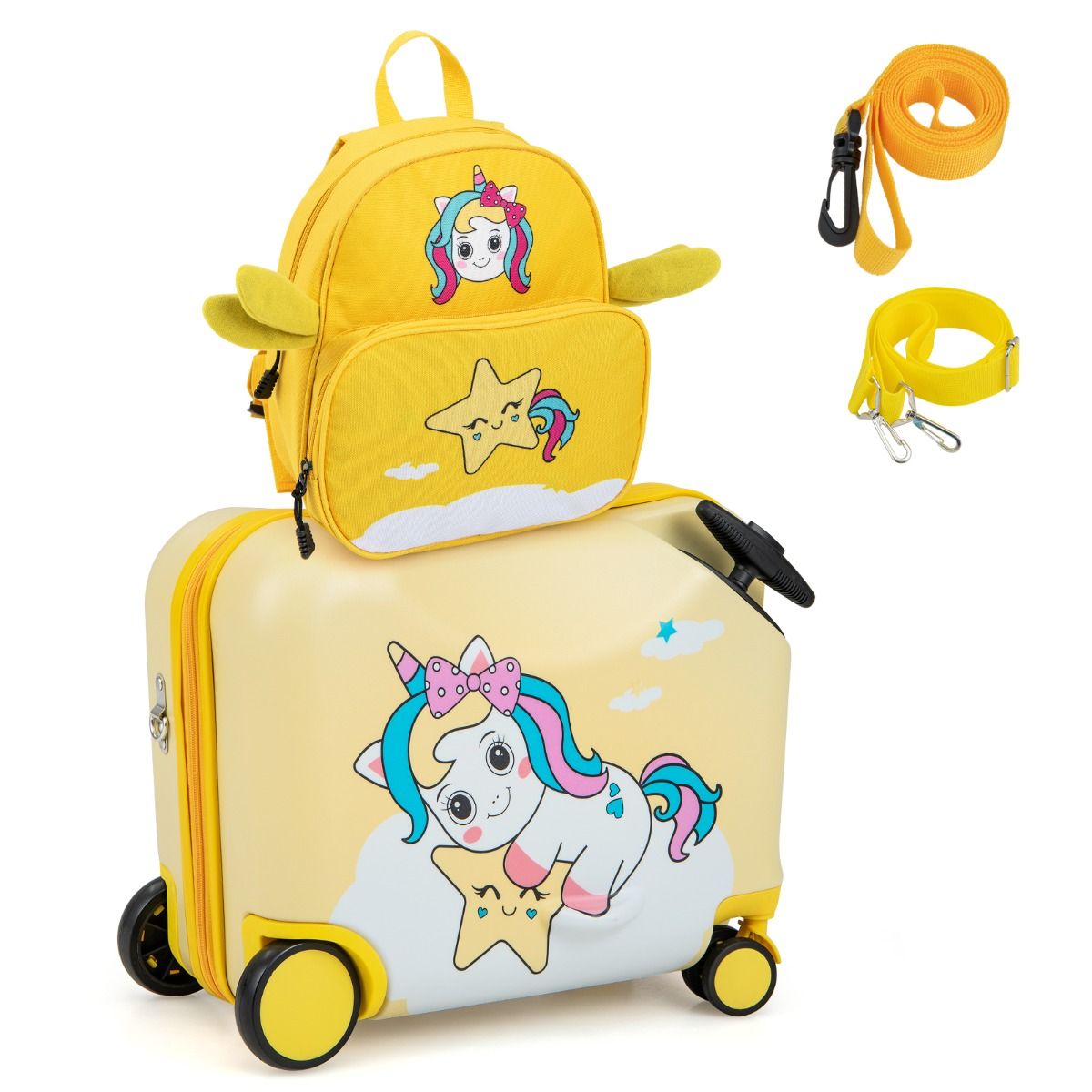 Coast Kinderkoffer- und Rucksack-Set – Ride-on-Koffer mit Rädern – Rucksack mit niedlichem Bienenmotiv – Gelb