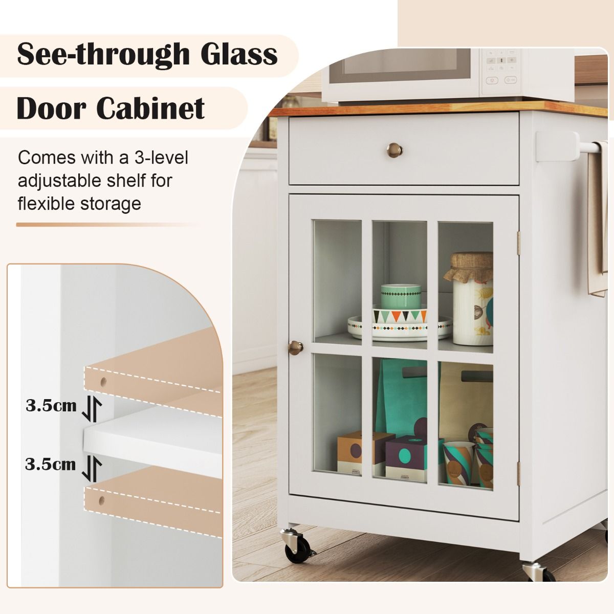 Coast Kücheninselwagen mit Holzplatte, Glastür und Schublade – 65 x 48,5 x 87,5 cm – Natur/Weiß