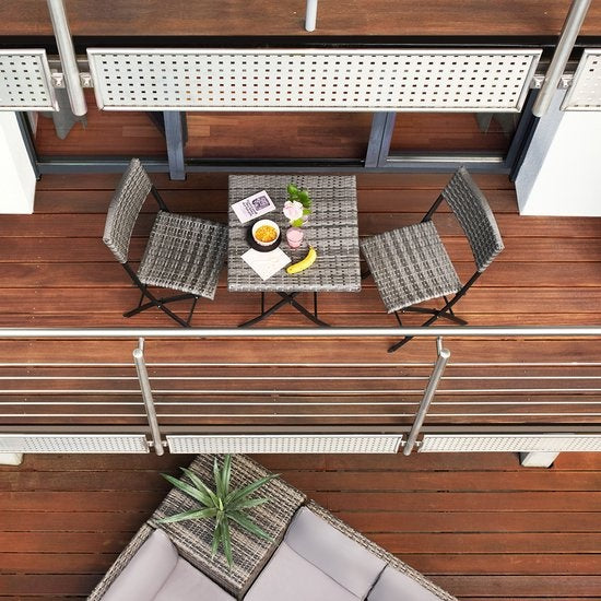 tectake - Balkon- oder Garten-Bistro-Garnitur aus Geflecht, Sitzgruppe mit 2 Stühlen und 1 kleinen Esstisch, platzsparend zusammenklappbar, Gartenmöbel, Balkonmöbel kleiner Balkon - hellgrau