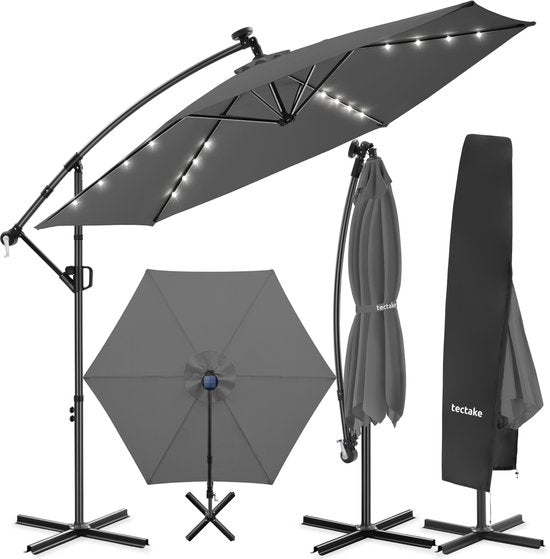 tectake® Schwebeschirm mit Fuß – 3 x 3 m – Gartenschirm mit solarbetriebener LED-Beleuchtung – drehbar – wasserabweisendes Polyester mit UV-Schutz – inklusive Schutzhülle – grau