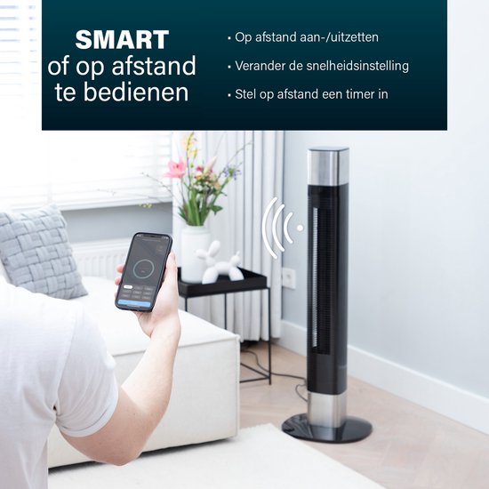 Intelligenter Turmventilator – ohne Flügel – mit App und Fernbedienung – Timer – energieeffizient – Princess 358280 – Schwarz