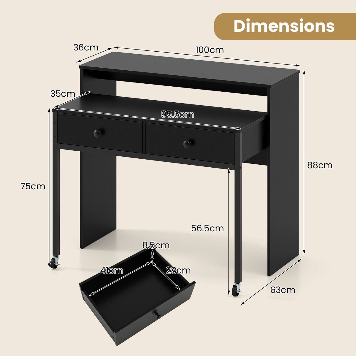 Coast Ausziehbarer Schreibtisch – mit 2 Schubladen – feststellbare Rollen – schwarz – 100 x 63 x 88 cm