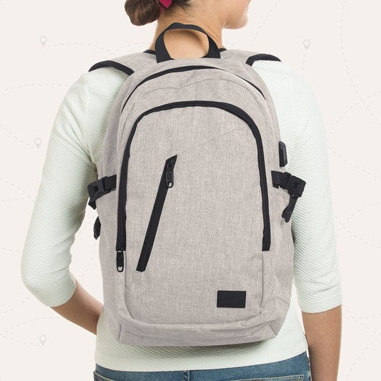 TRVLMORE Rucksack - 25L - 15.6 Zoll - Laptop-Rucksack mit USB - Schultasche - Herren und Damen - Tasche Champagner
