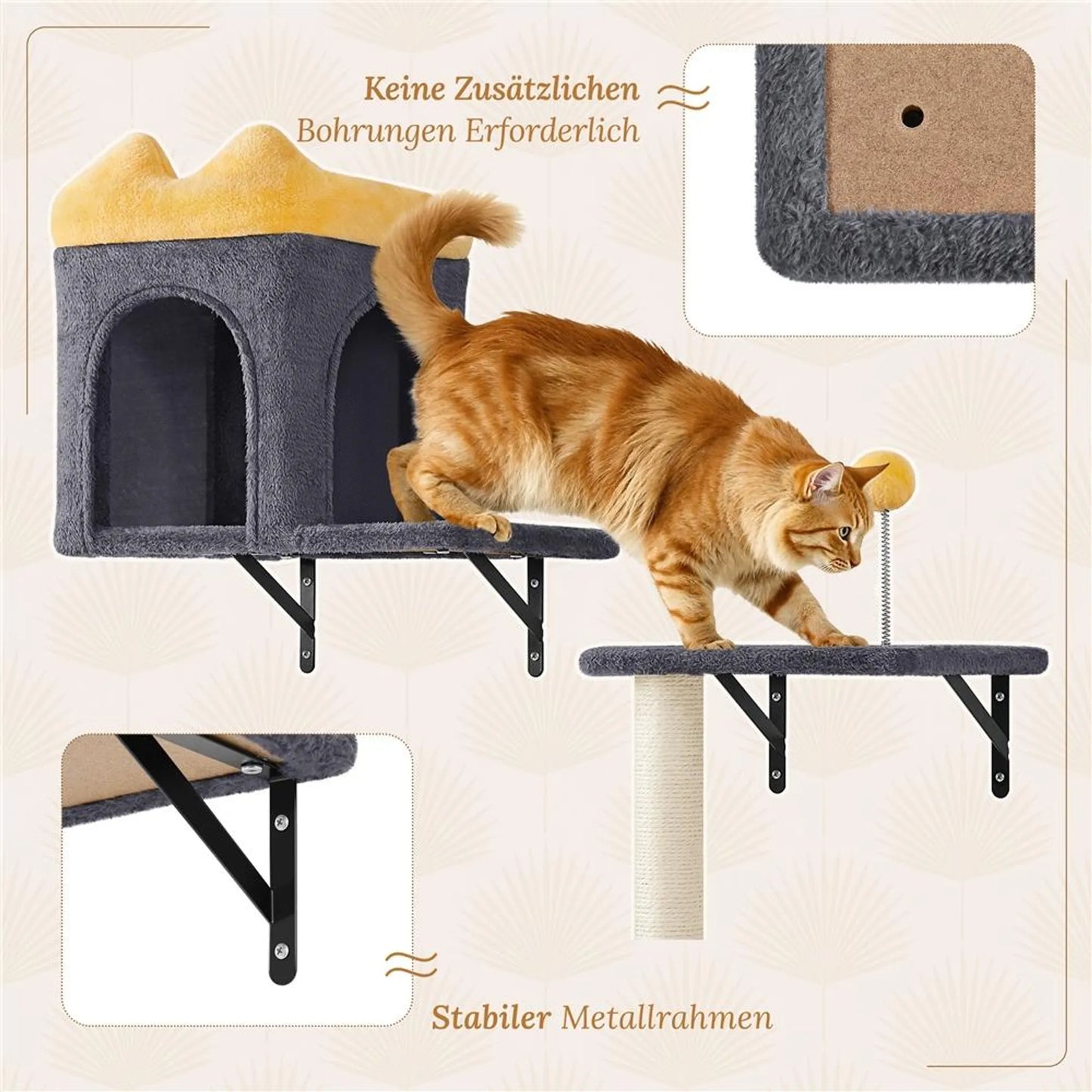 Yaheetech Wandmontiertes Katzenmöbel-Set - 49 x 30 x 40 cm - ausgestattet mit Katzenhöhle und Liegekorb und Sisalkratzpfosten und mehreren Plattformen - für 1-5 Katzen - dunkelgrauer Plüsch und Metall