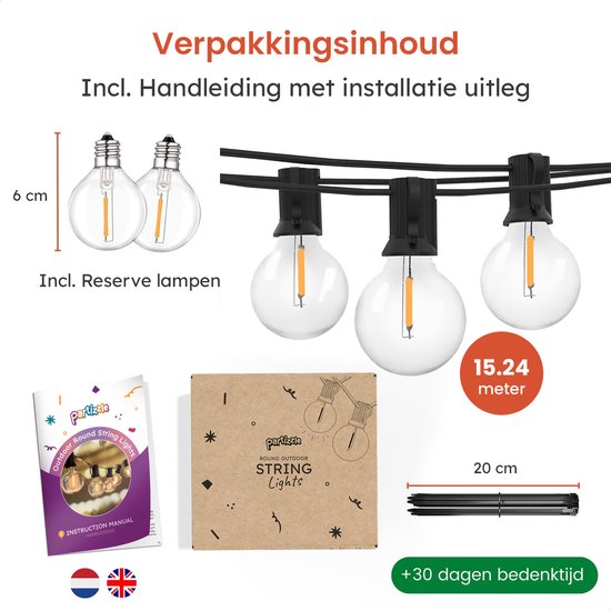 Partizzle 15m wasserdichte Lichterkette rund - 25 LED Lichtergirlande - Lichtergirlande für Terrasse und Camping - Weihnachtsbeleuchtung / Gartenbeleuchtung - 2700k / Warmweiß