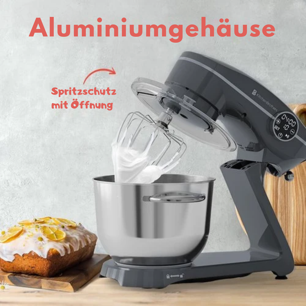 KitchenBrothers Küchenmaschine - Touch Display und Timer - Küchenroboter - 6L - 1800W - Aluminium - Anthrazit