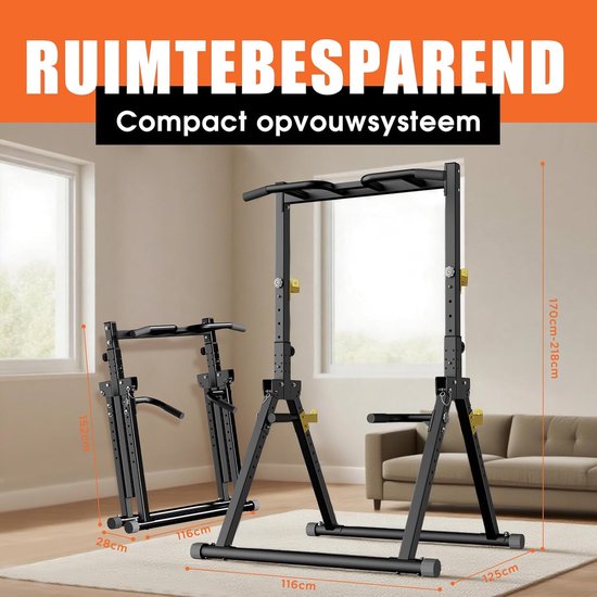 DH FitLife Foldable Power Tower Dip Station | Freistehende Klimmzugstange bis 150 kg mit Dipstangen und Langhantelauflagen | Kraftstation Power Tower | Fitness Station