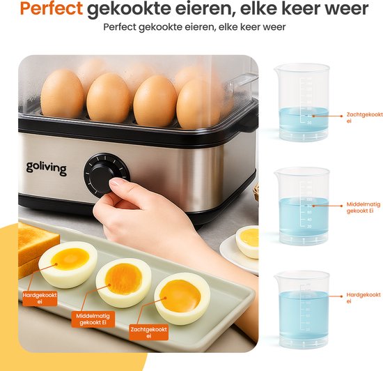 Goliving Eierkocher 2-in-1 - 1 bis 8 Eier - Kochen, Pochieren, Omelett - hart, weich und mittelweich gekocht - elektrisch - mit Timer - Silber