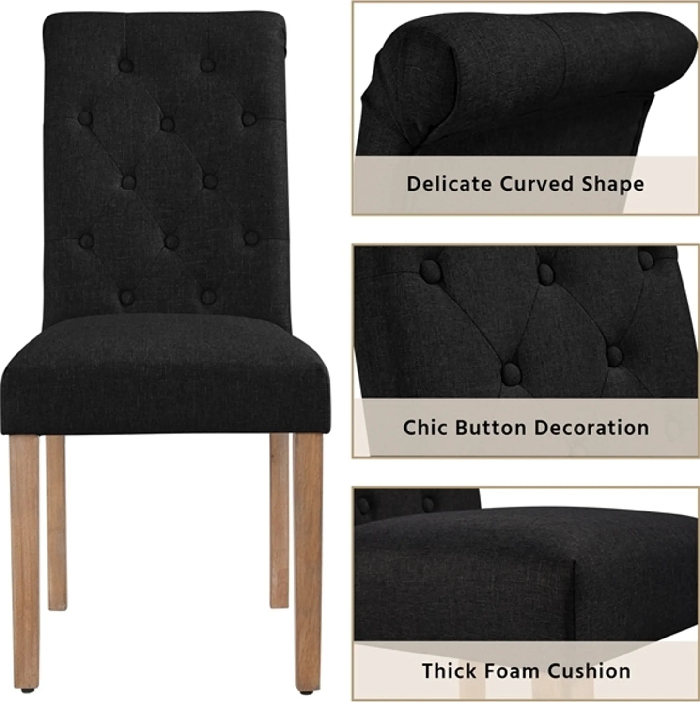 Yaheetech Esszimmerstuhl mit hoher Rückenlehne 2 Stück - Mit gepolsterter Rückenlehne und massiven Eichenbeinen und verstellbaren Schutzbeinen - Für Küche und Restaurant - Schwarzes Polyester und Eiche - 45,5 x 62 x 98,5 cm