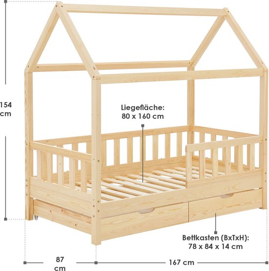 Kinderbett Marli - 80 x 160 cm - Holzfarbe - inkl. Bettkästen