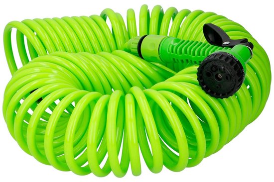 Kinzo Flexibler Gartenschlauch 15 Meter - Inkl. Düse und Schnellkupplung - 7 Sprühfunktionen - Spiralschlauch - UV-beständig - PVC - Grün