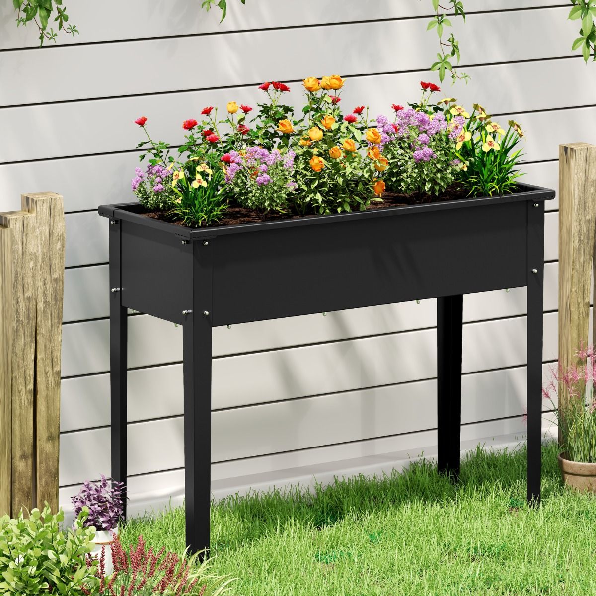 Coast Erhöhter Pflanzkübel – Gartenkübel aus Metall mit Füßen – mit Abflusslöchern – schwarz – 100 x 40 x 80 cm