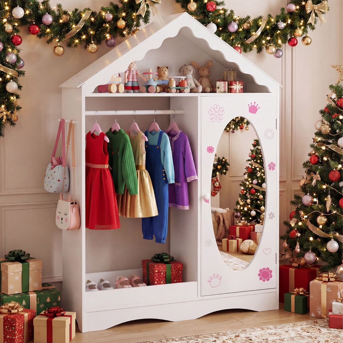Coast Kinderkleiderschrank mit Spiegel – dachförmiges Design – offene Kleiderstange und Einlegeböden – weiß