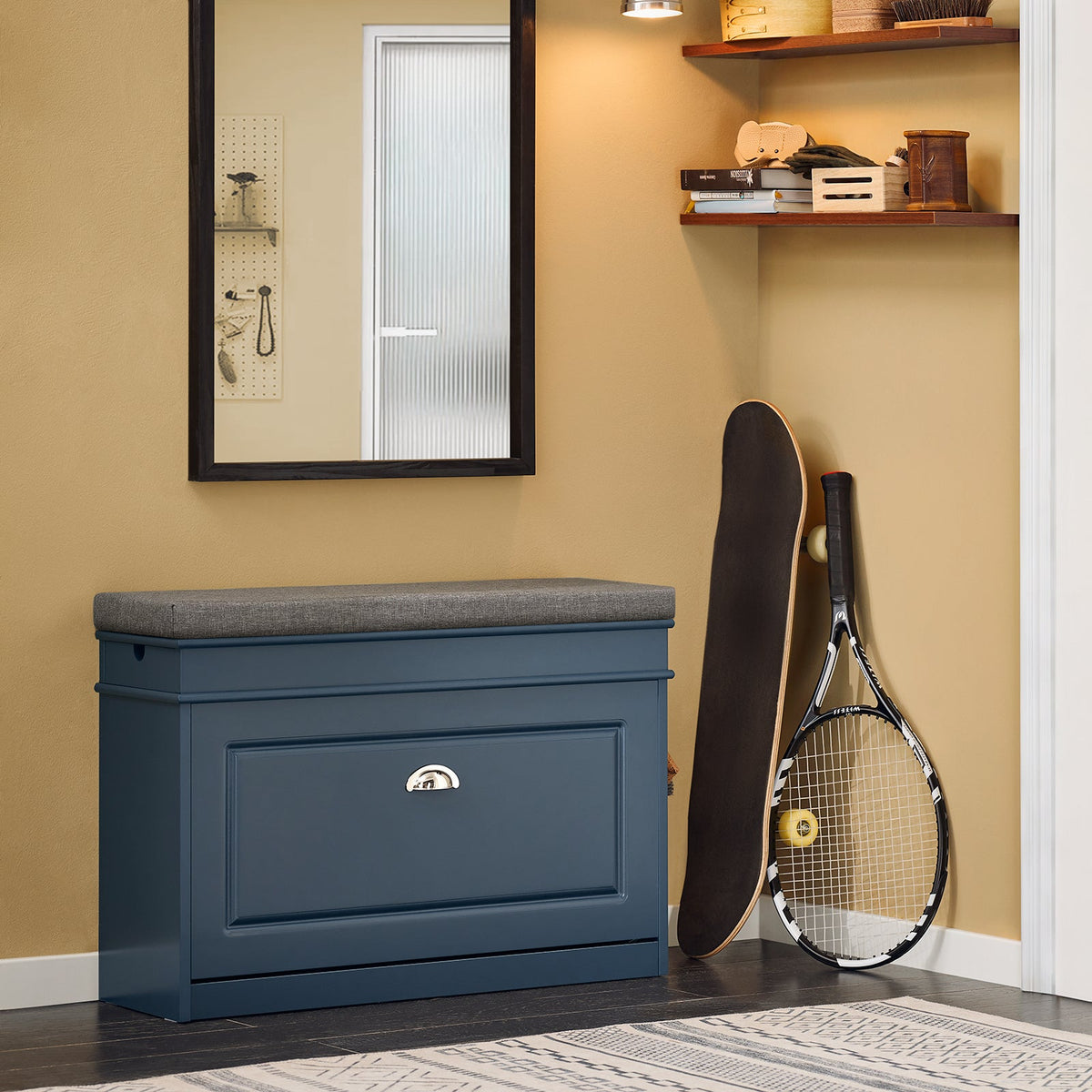 SoBuy Schuhbank FSR82-L-B mit Kissen, Schublade und Haken – Blau – 75 × 24 × 52 cm