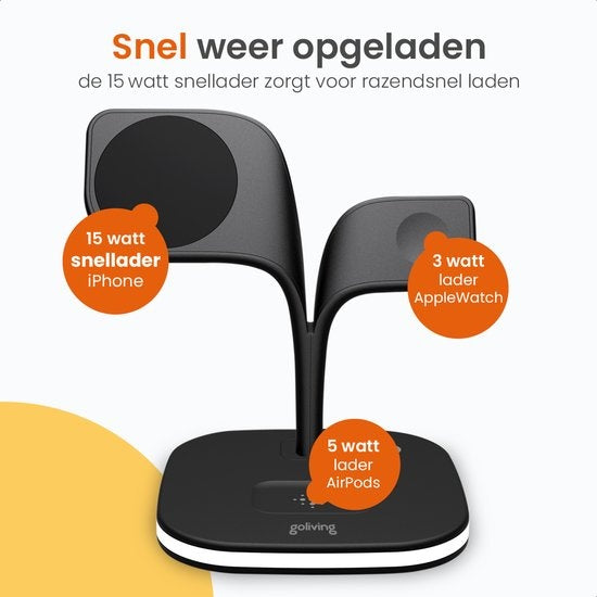 Goliving 5-in-1 kabellose Qi-Ladestation - Magsafe kabelloses Ladegerät - Geeignet für iPhone, Apple Watch & Airpods - Inklusive dimmbarem Nachtlicht und USB-Ausgang - 15W Schnellladegerät - Schwarz