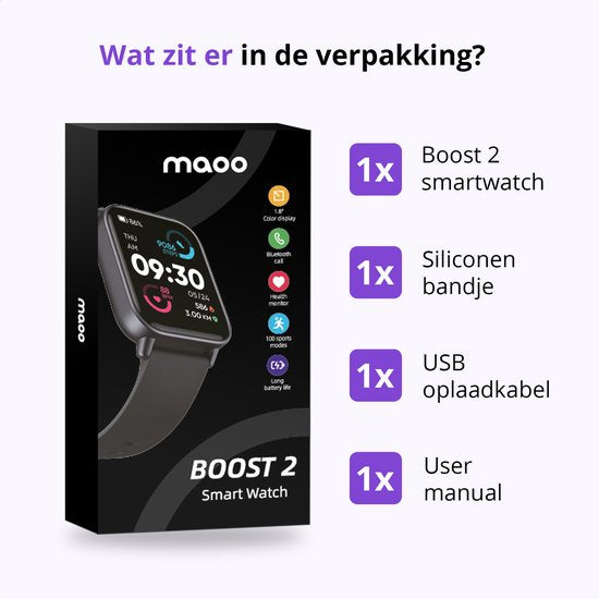 Maoo Boost 2 Smartwatch - Frauen & Männer - Android & iOS - Wasserdicht - Schwarz