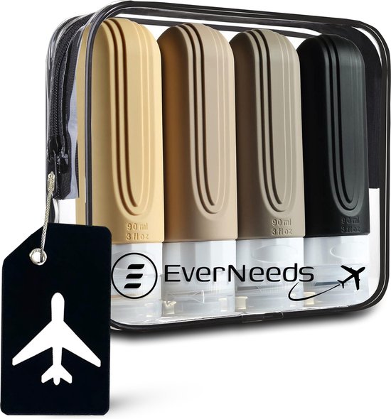 EverNeeds Reiseflaschen mit Etui - Nachfüllbar - Silikon-Reiseflaschen Handgepäck - Aprikose - 4 Stück