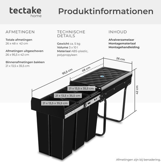 tectake® Abfallsammler - Einbauabfallbehälter - Mehrfache Abfalltrennung - Effiziente Aufräumlösung für Küche und Büro - Dreifachbehälter mit Teleskopschienen - 3x 10L