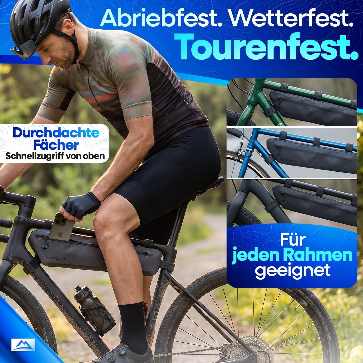 Nextcover® Bikepacking Rahmentasche - 46 cm - Fahrradtasche Rahmen - Unterrohrtasche Fahrrad - Für Gravelbike, Rennrad, MTB