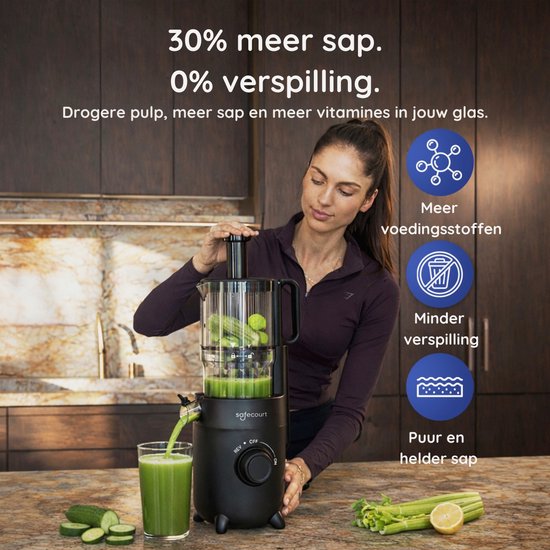 Safecourt Kitchen Slow Juicer - leistungsstarker Motor [Vorschneider & Kaltpress-Technologie] - einfache Reinigung - BPA-frei - Entsafter Schwarz